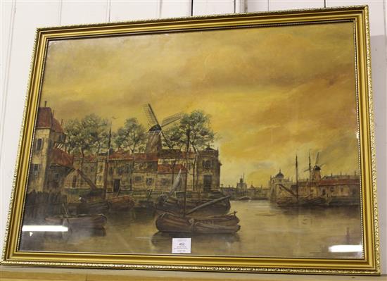 Jan Van Couver watercolour (Dutch, 1836-1900) Sail barges on a backwater(-)